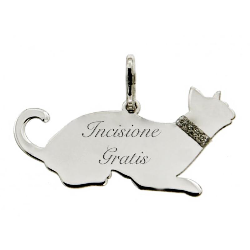 Ciondolo gatto disteso in argento 925 rodiato mm 14x28 con incisione gratis