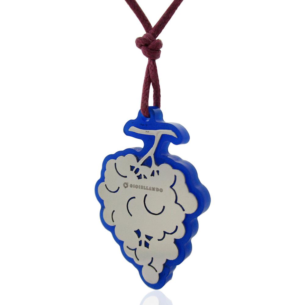 Ciondolo grappolo d'uva in plexi colorato e acciaio mm 36x25 con collana in seta cerata viola