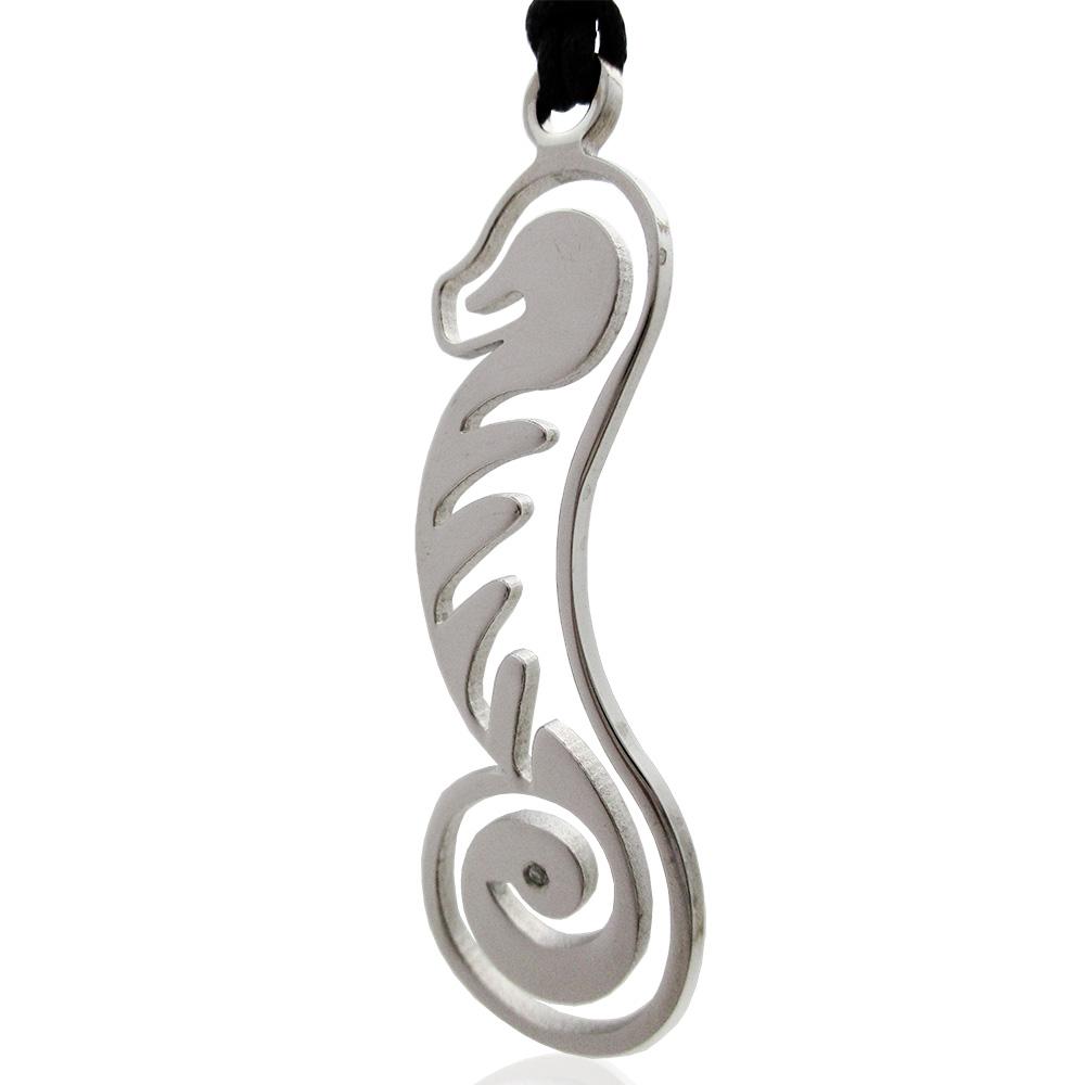 Ciondolo ippocampo mm 60x19 in acciaio lucido con zircone bianco collana seta cerata