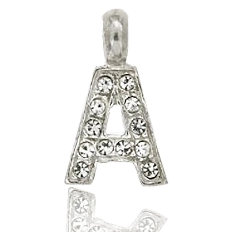Ciondolo letterina dell'alfabeto mm 17 in argento 925 rodiato con strass -tutte le lettere-
