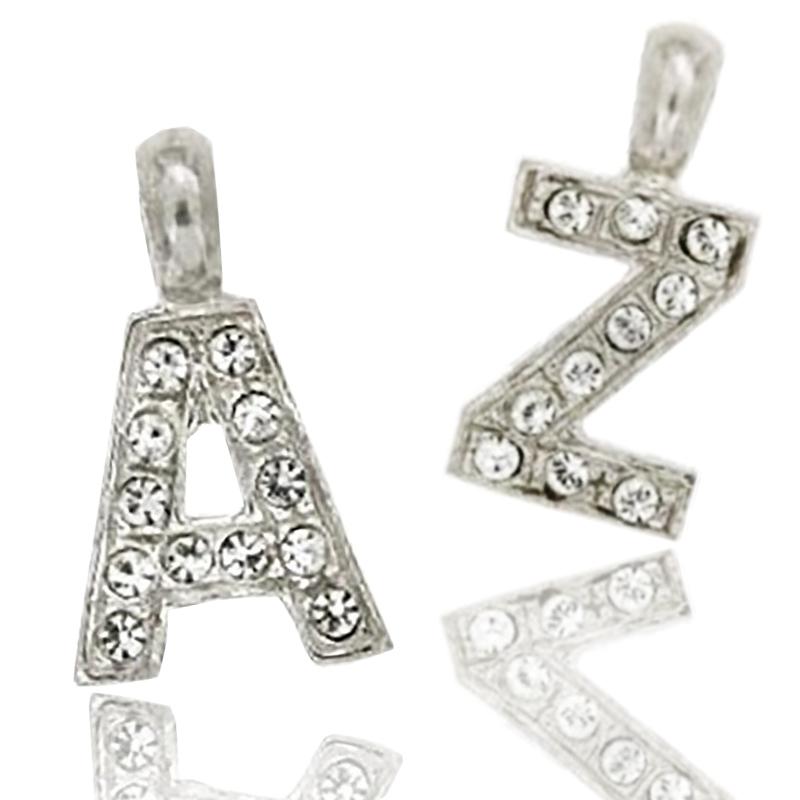 Ciondolo letterina dell'alfabeto mm 17 in argento 925 rodiato con strass -tutte le lettere-