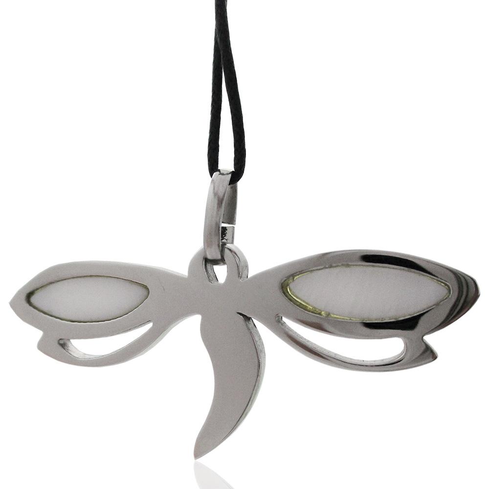 Ciondolo libellula mm 27x60 in acciaio lucido e madreperla con collana in cuoio