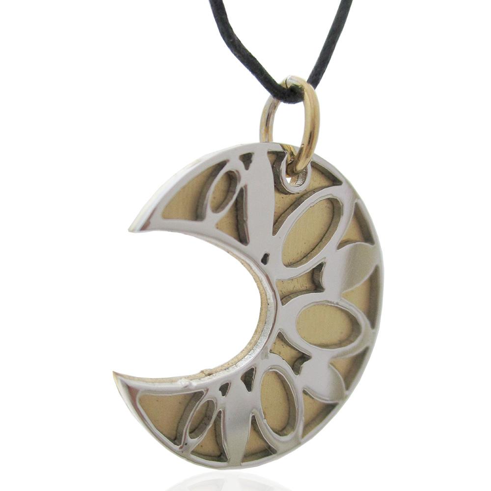 Ciondolo luna mm 27x26 in acciaio bicolore bianco-placcato oro con cordino di cuoio - personalizzabile-