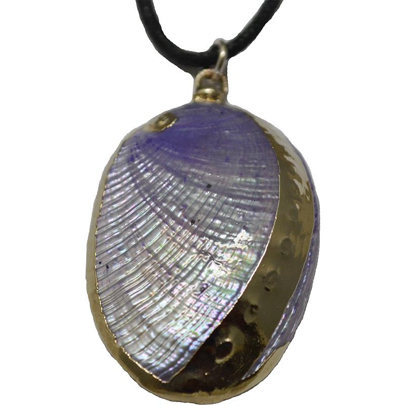 Collana con ciondolo ovale in madreperla viola con inserti laminati argento