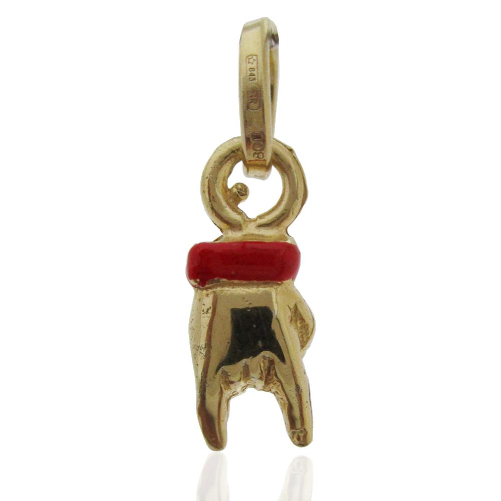 Ciondolo mano corna mm 17x6 in argento microfuso dorato titolo 800 e smalto rosso
