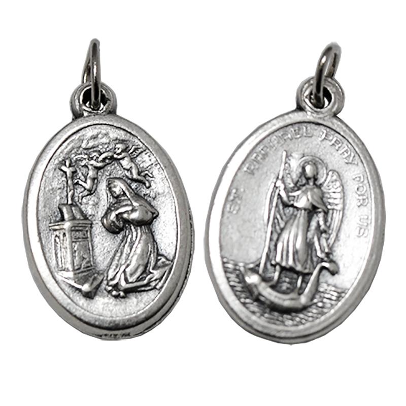 Ciondolo medaglia ovale mm 26x16 in metallo argentato con santa rita e san raffaele