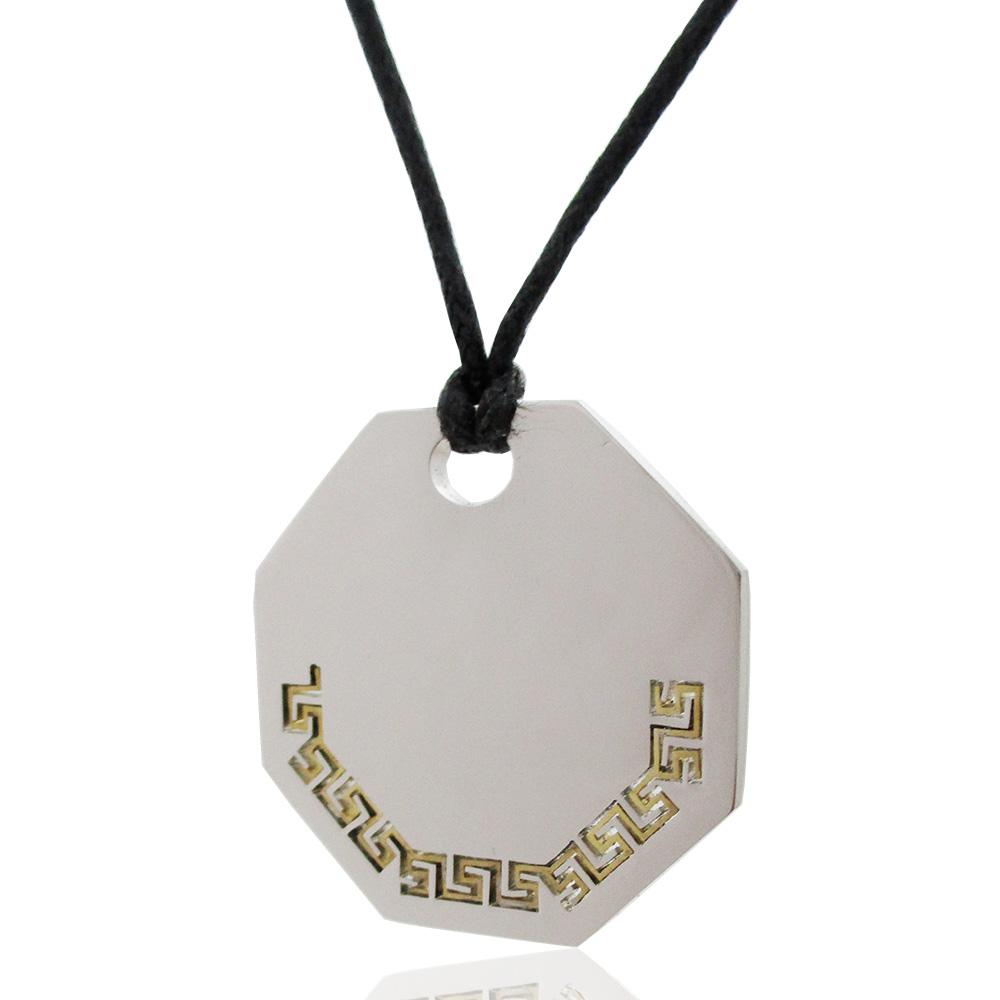 Ciondolo ottagono da personalizzare mm 29 in acciaio lucido con motivo greca laminato oro e collana in seta cerata