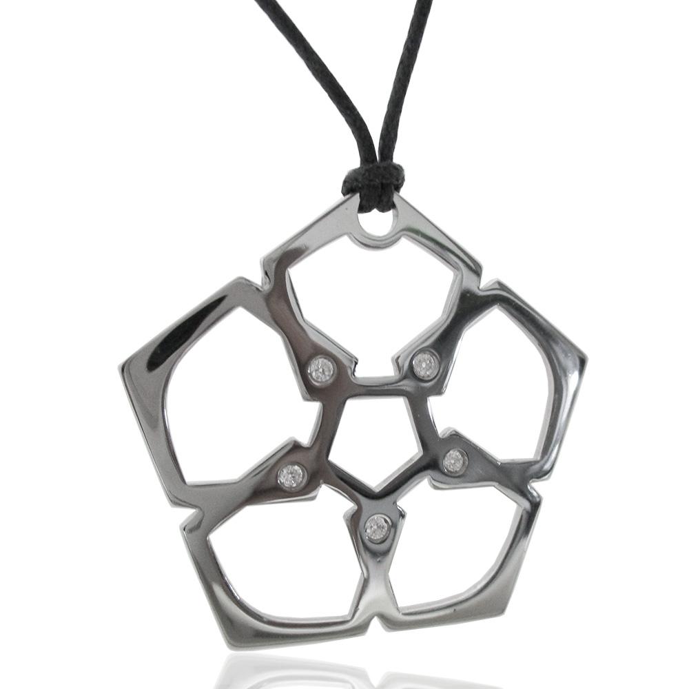 Ciondolo pentagono mm 40 in acciaio lucido con strass bianchi e collana in cuoio cerato