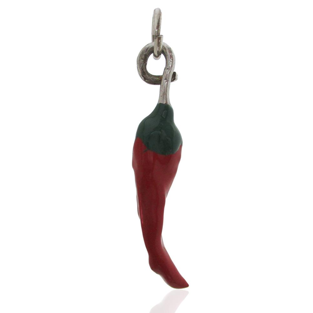 Ciondolo scaramantico peperoncino mm 45 in argento microfuso brunito titolo 800 smaltato verde-rosso