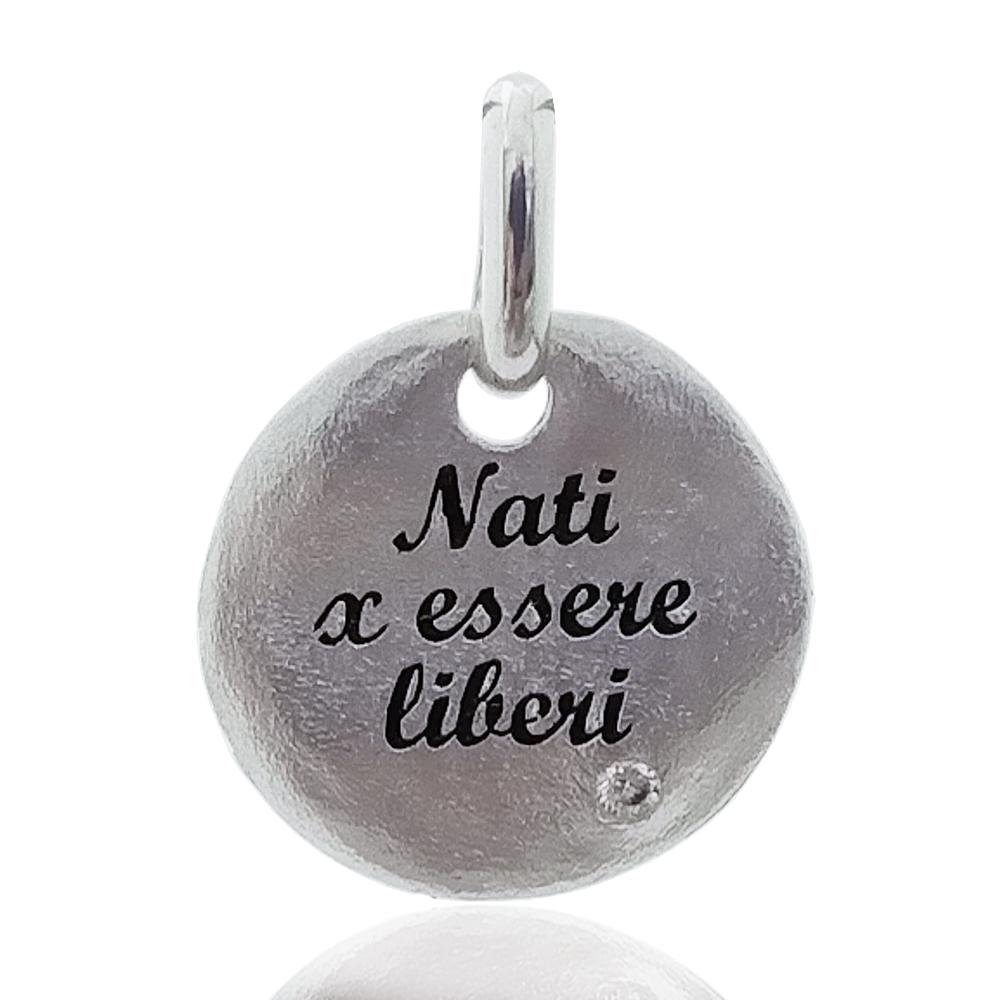 Ciondolo pepita mm 18 in argento 925 satinato e rodiato con zircone bianco nati per essere liberi