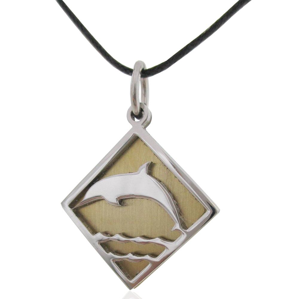 Ciondolo rombo da personalizzare in acciaio bicolore bianco-oro con delfino centrale e collana in seta cerata