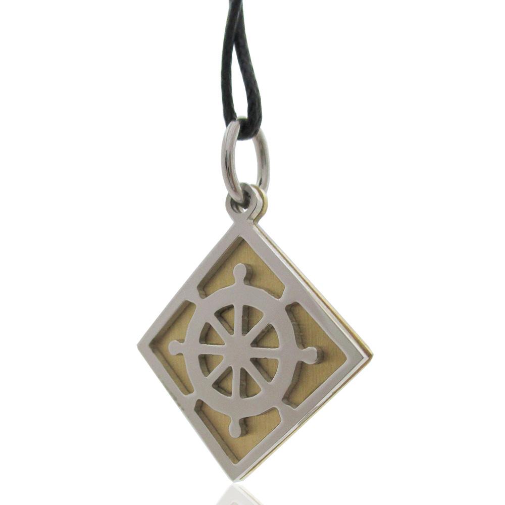 Ciondolo rombo da personalizzare in acciaio bicolore bianco-oro con timone centrale e collana in seta cerata