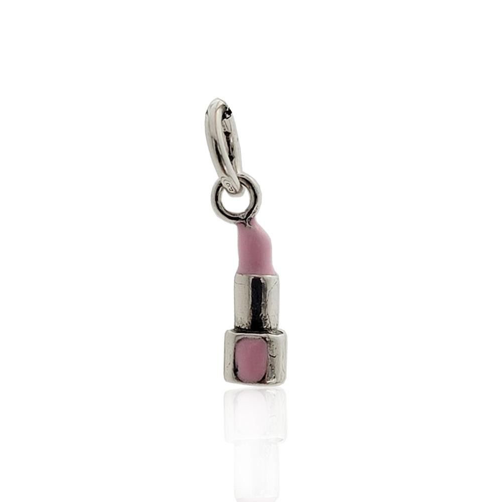 Ciondolo rossetto rosa mm 18x5 in argento microfuso brunito 800 smaltato