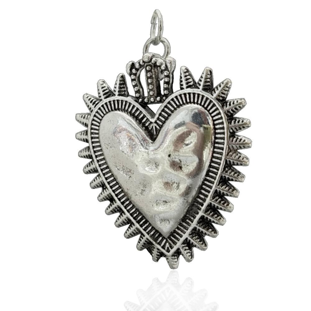 Ciondolo sacro cuore con corona in acciaio argentato mm 39x33