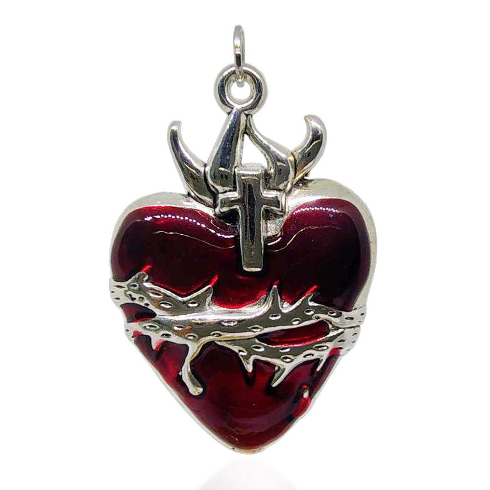Ciondolo sacro cuore con spine e croce in acciaio mm 42x29