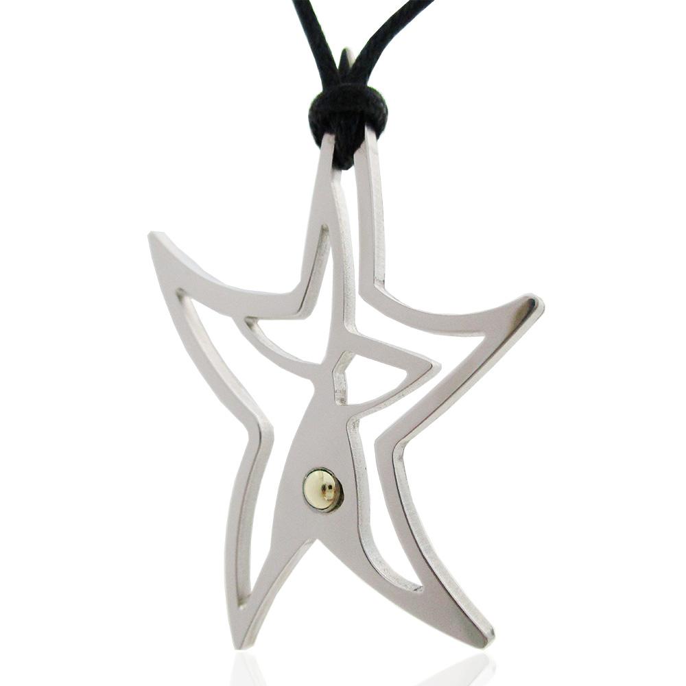 Ciondolo stella stilizzata mm 50x35 in acciaio lucido con borchia in oro e collana in cuoio