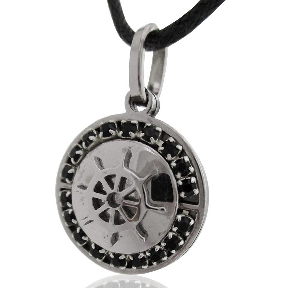 Ciondolo timone mm 20 personalizzabile in acciaio lucido con strass neri e collana in seta
