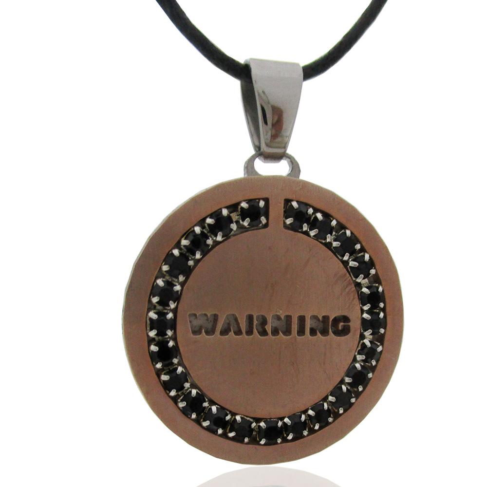 Ciondolo tondo da personalizzare mm 25 warning in acciaio bicolore bianco-rame con strass neri e collana in cuoio