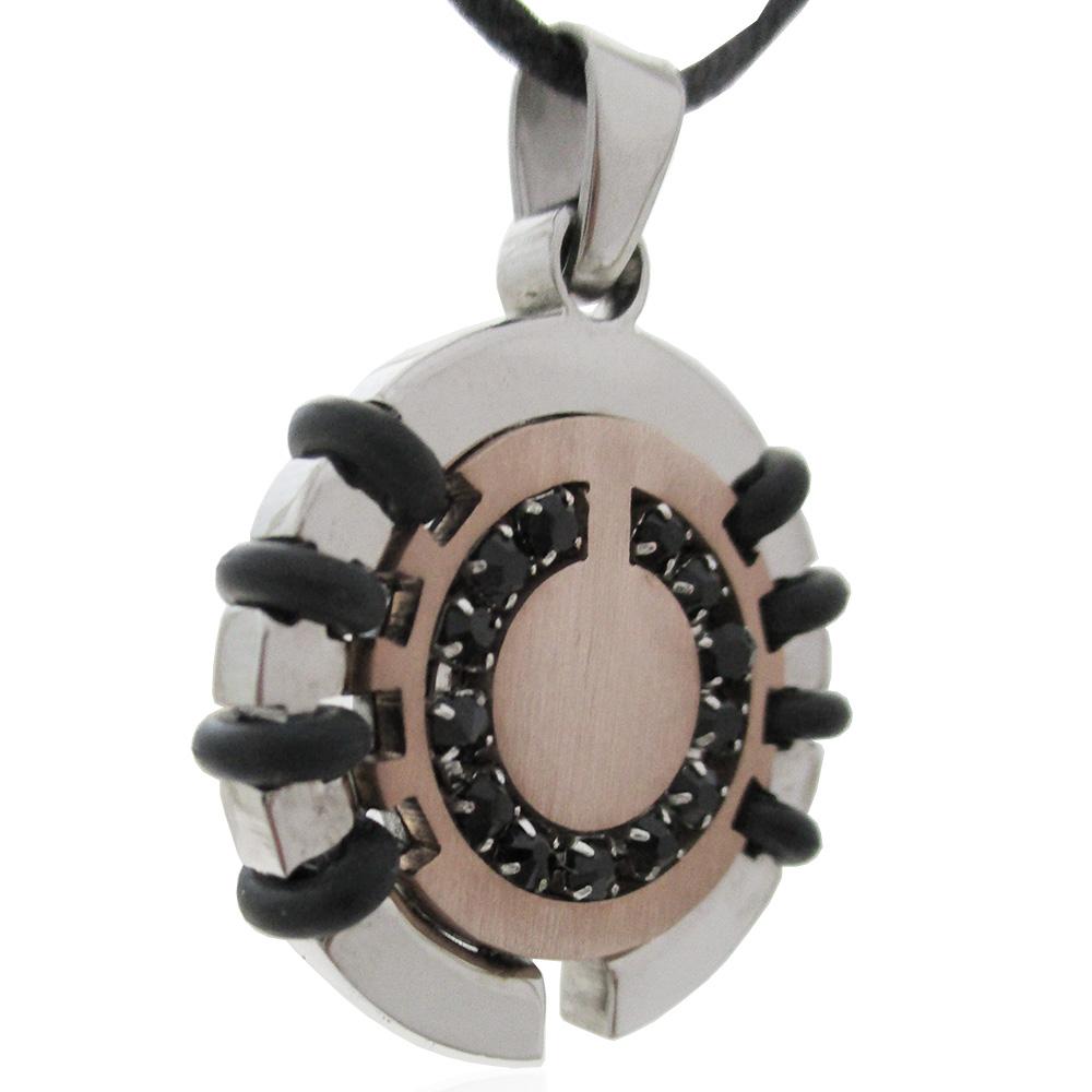 Ciondolo tondo mm 25 con inserti in caucciù in acciaio bicolore bianco-rame e strass neri - personalizzabile-