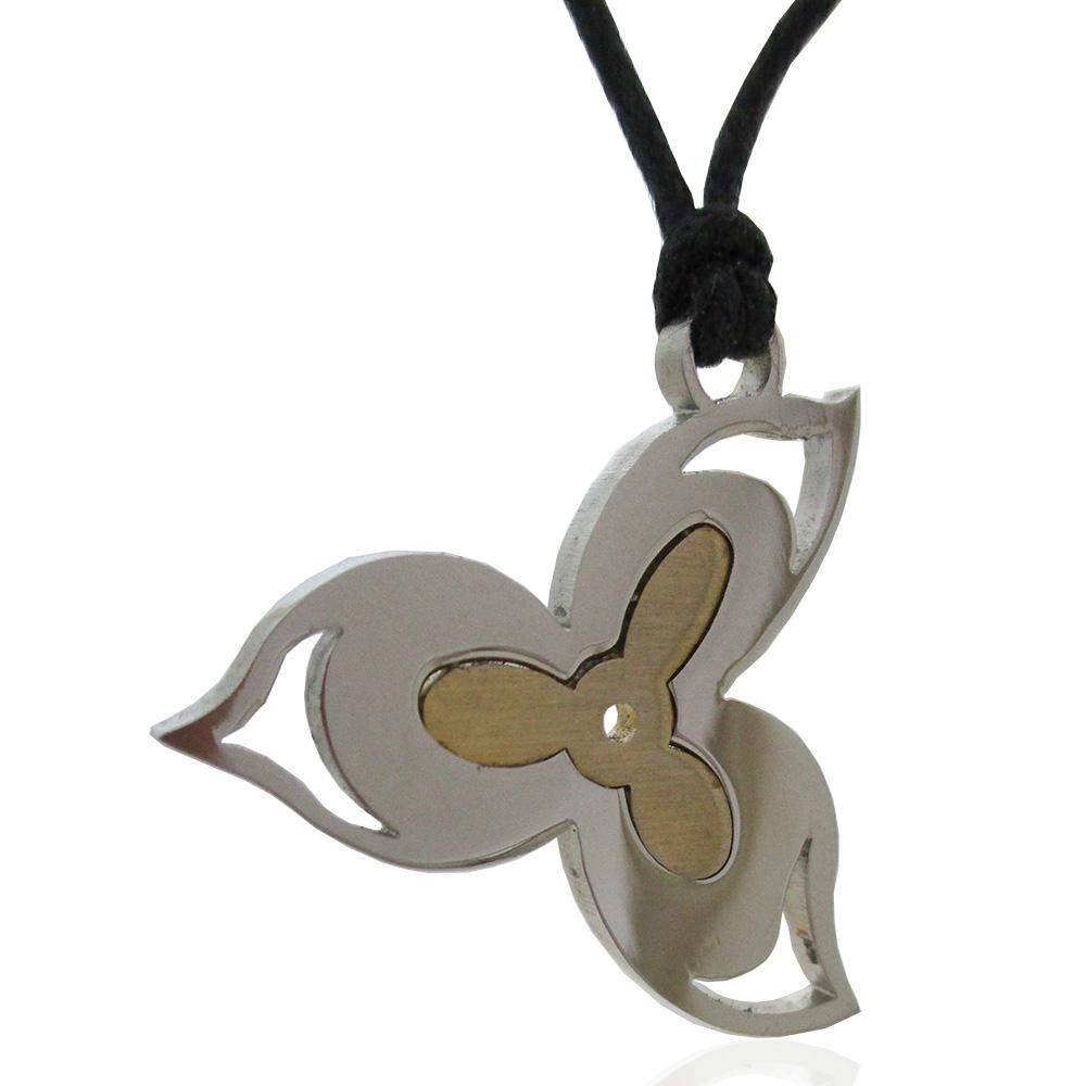 Ciondolo trifoglio mm 24x32 in acciaio bicolore bianco-placcato oro con collana in cuoio