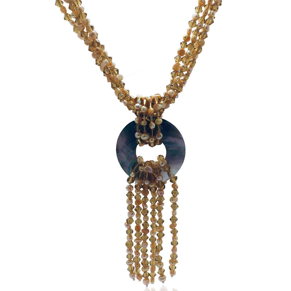 Collana a 4 fili con cristalli bicono swarovski topaz perline gialle con madreperla centrale