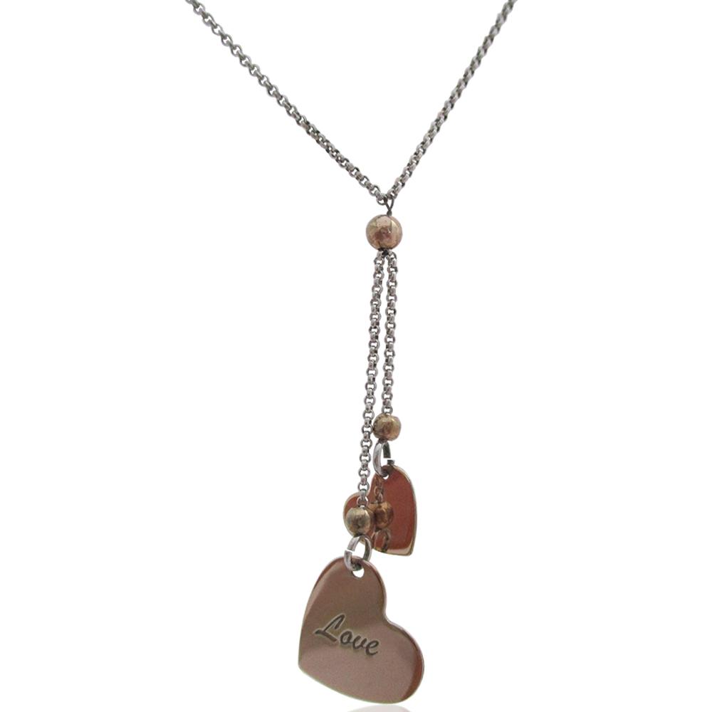 Collana a cravatta rolo' cm 42-47 in argento 925 rodiato con cuori pendenti placcati oro rosa con scritta love