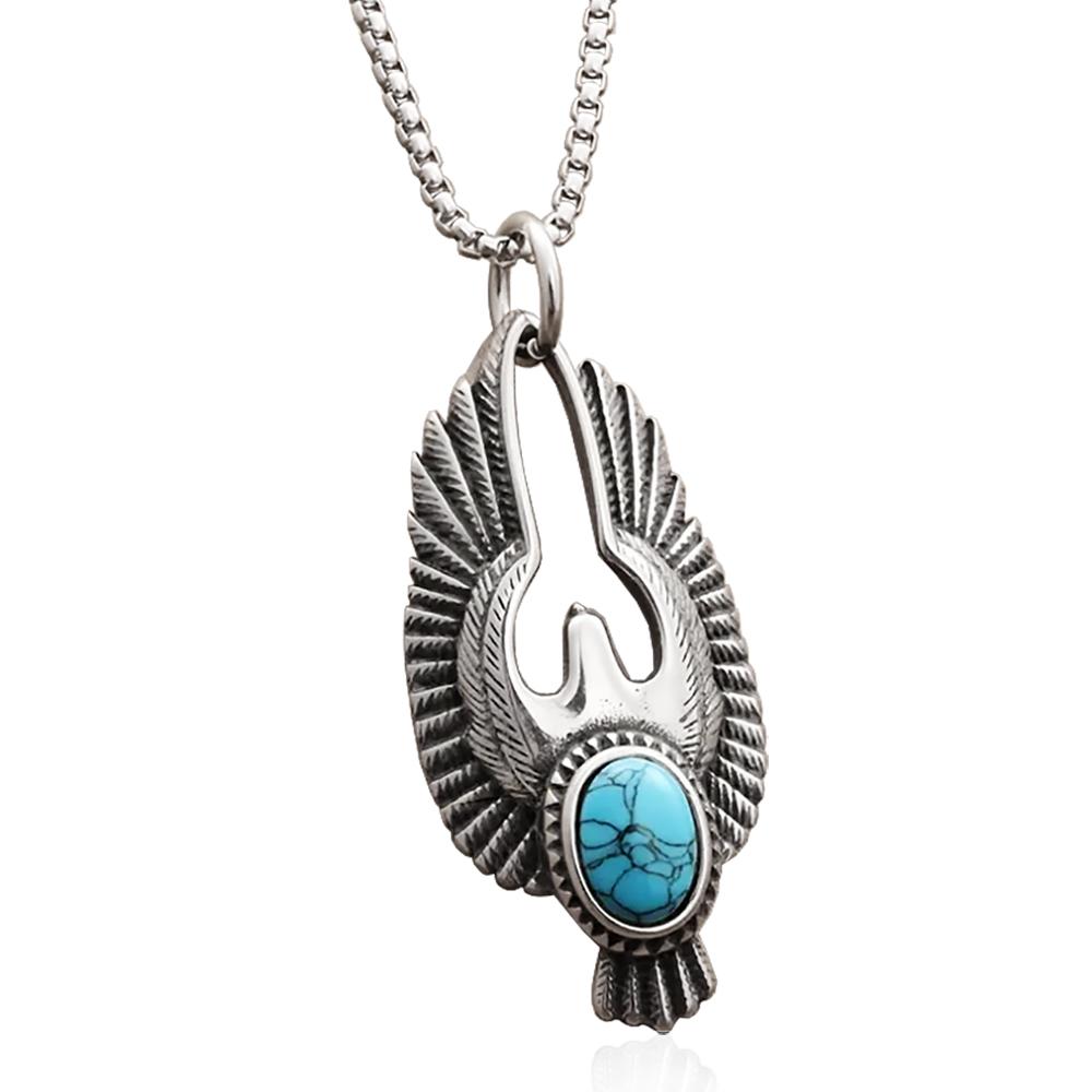 Collana a maglia coreana cm 60 con aquila reale ali ad angelo mm 64x30 in acciaio brunito ed inserto turchese