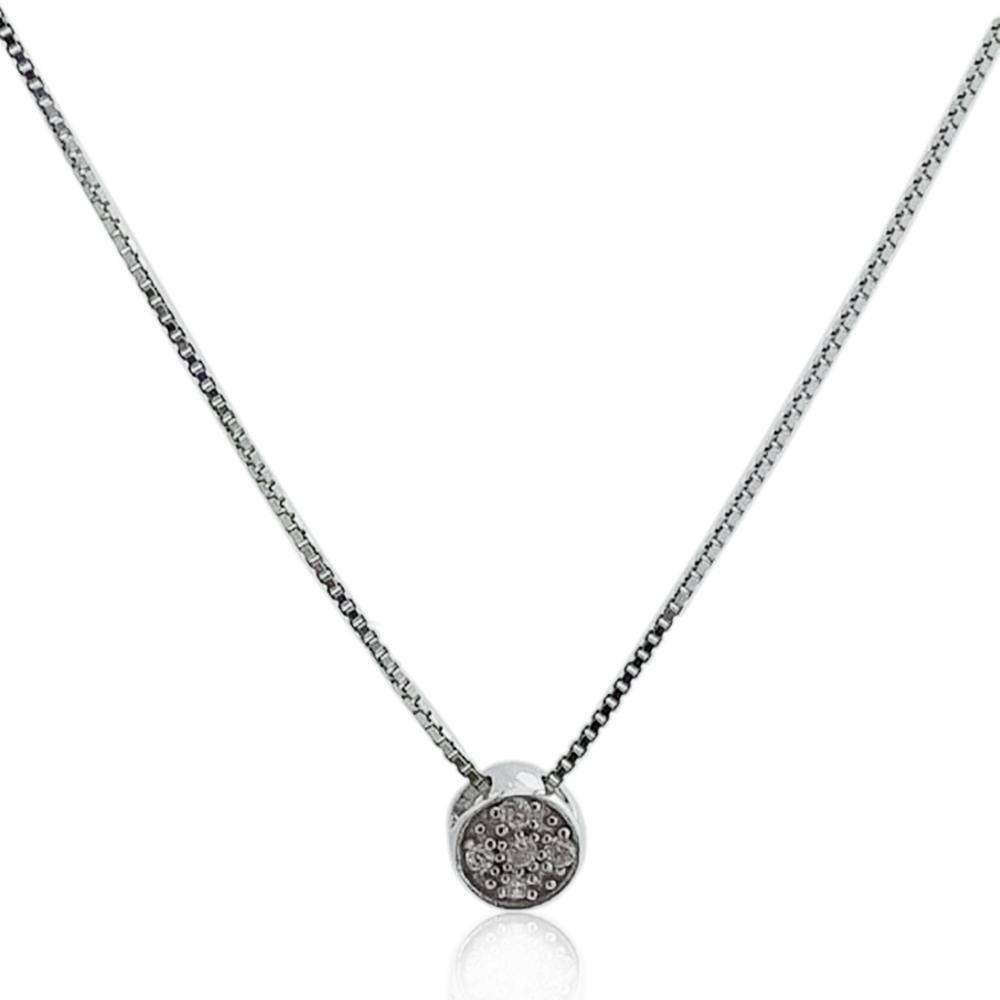 Collana a maglia veneziana in argento 925 rodiato con ciondolo tondo mm 7 con zirconi bianchi