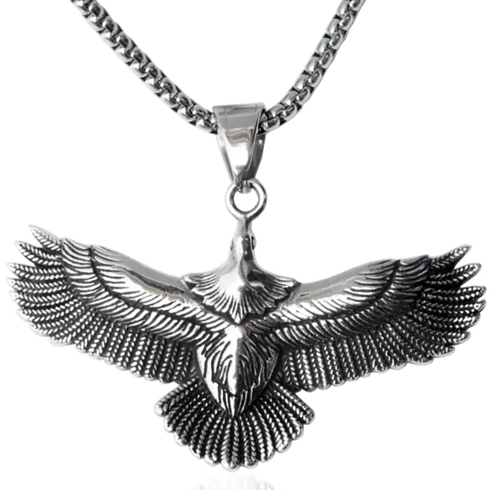 Collana a maglia coreana cm 60 con aquila reale volante mm 50x30 in acciaio brunito