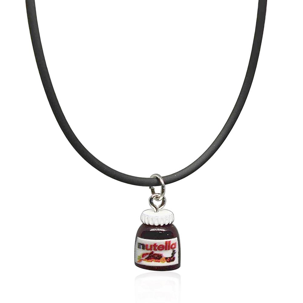 Collana in caucciu con ciondolo barattolo nutella in resina e acciaio mm 14x11