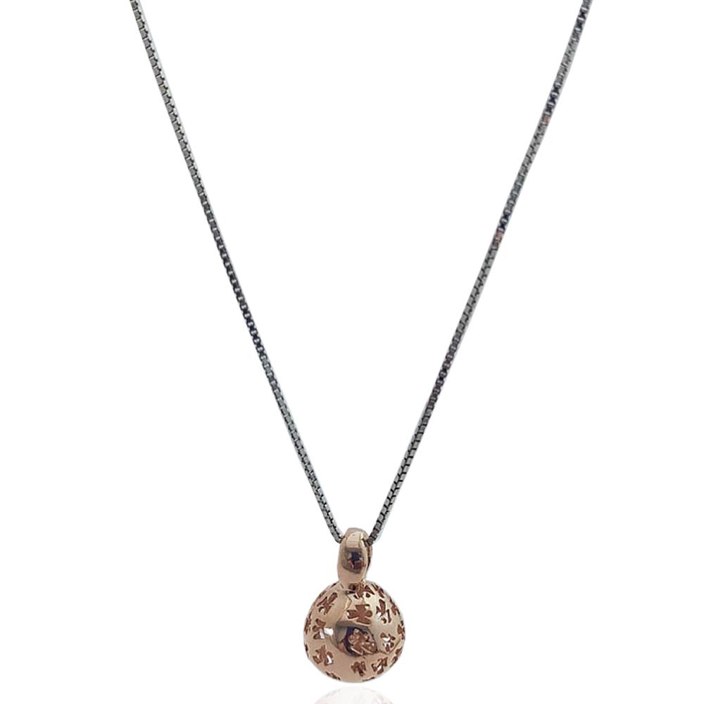 Collana chiama angeli in argento bicolore a maglia veneziana rodiata cm 100 con bola traforata e ramata mm 11 con angeli