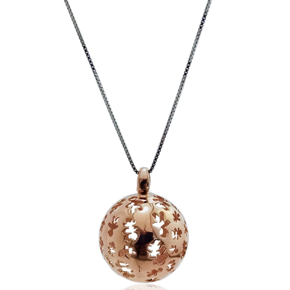Collana chiama angeli in argento bicolore a maglia veneziana cm 100 con bola traforata mm 23 ramata con bimbi 