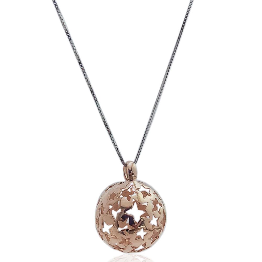 Collana chiama angeli in argento bicolore a maglia veneziana cm 100 con bola traforata mm 23 ramata con stelle