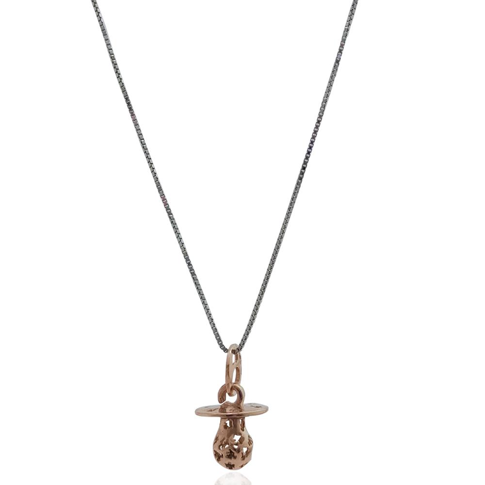 Collana chiama angeli in argento bicolore a maglia veneziana cm 100 con ciuccio traforato con angeli mm 15 e ramato