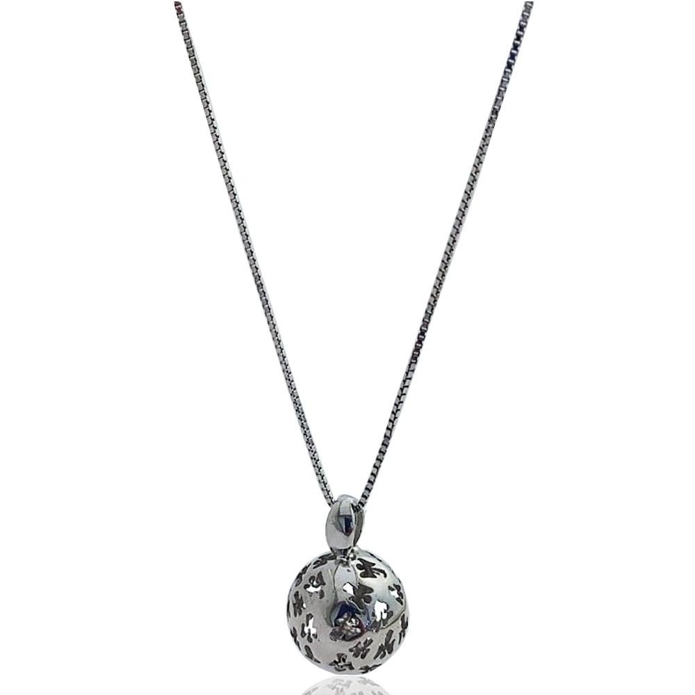Collana chiama angeli in argento rodiato a maglia veneziana cm 100 con bola traforata mm 14 con angeli