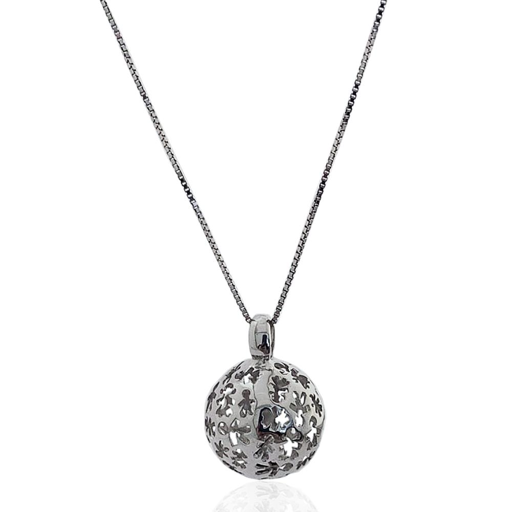 Collana chiama angeli in argento rodiato a maglia veneziana cm 100 con bola traforata mm 18 con bimbi