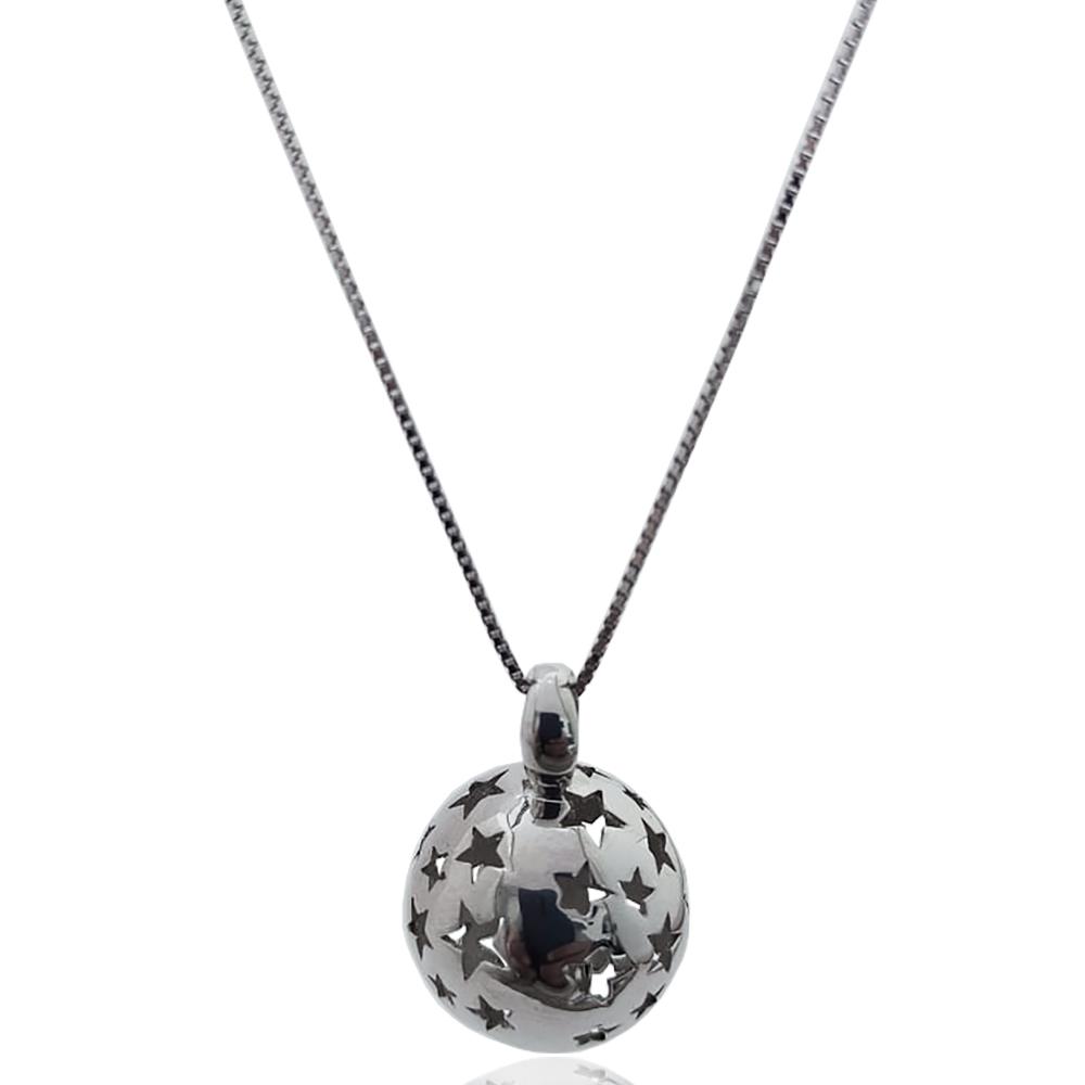 Collana chiama angeli in argento rodiato a maglia veneziana cm 100 con bola traforata mm 18 con stelle