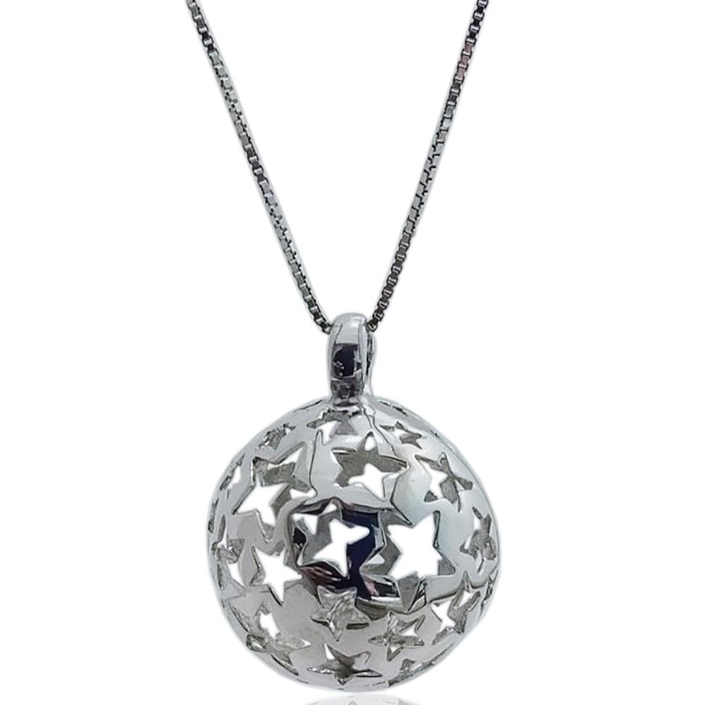 Collana chiama angeli in argento rodiato a maglia veneziana cm 100 con bola traforata mm 23 con stelle