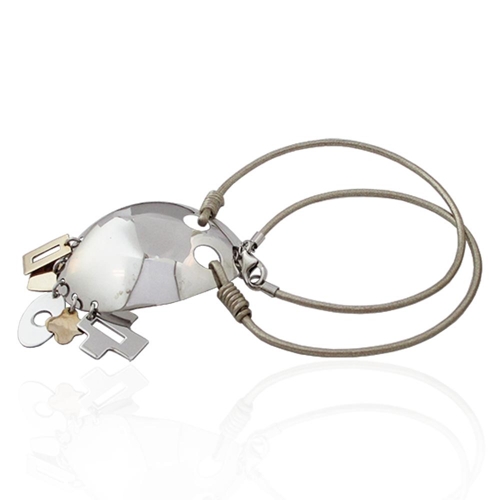 Collana cleopatra in argento 925 rodiato e cuoio con ovale mm 53x37 con pendenti