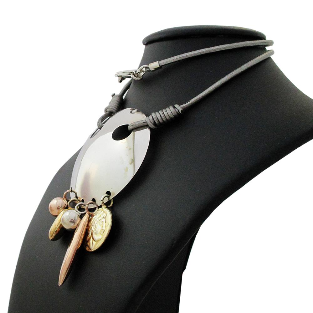 Collana cleopatra in argento 925 rodiato e cuoio con cerchio mm 45 con pendenti