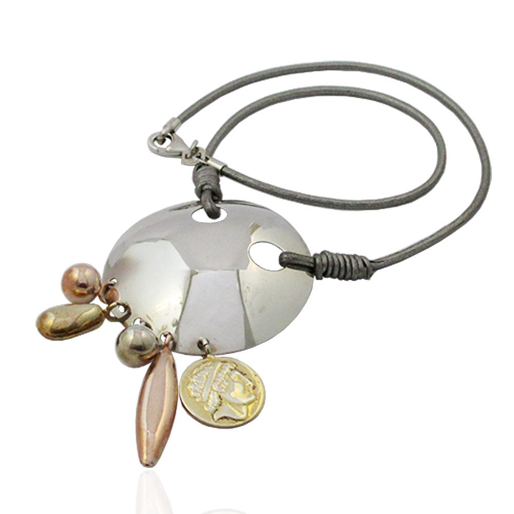 Collana cleopatra in argento 925 rodiato e cuoio con cerchio mm 45 con pendenti