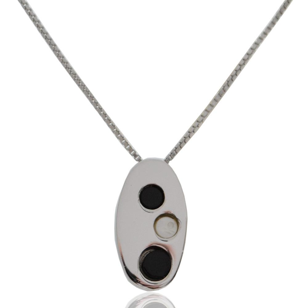 Collana veneta di cm 43 con centrale ovale in argento 925 rodiato con tondini in onice e madreperla