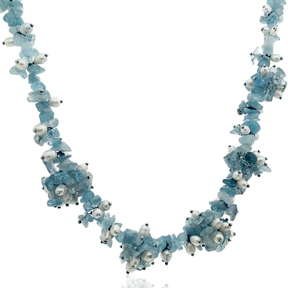 Collana cm 48 in argento 925 rodiato di quarzi color celeste e perle di acqua dolce mm 5