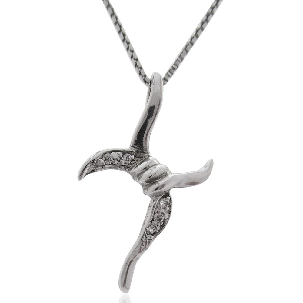 Collana con ciondolo croce legata a nodo mm 22x14 in argento 925 rodiato e zirconi bianchi