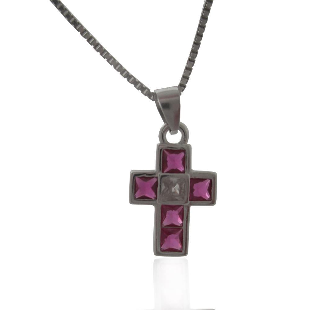 Collana con croce in argento 925 rodiato mm 15x9 con zirconi viola e bianco