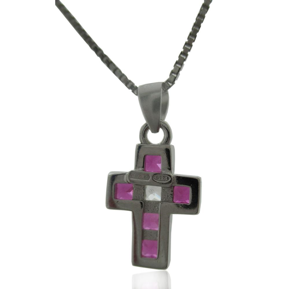 Collana con croce in argento 925 rodiato mm 15x9 con zirconi viola e bianco