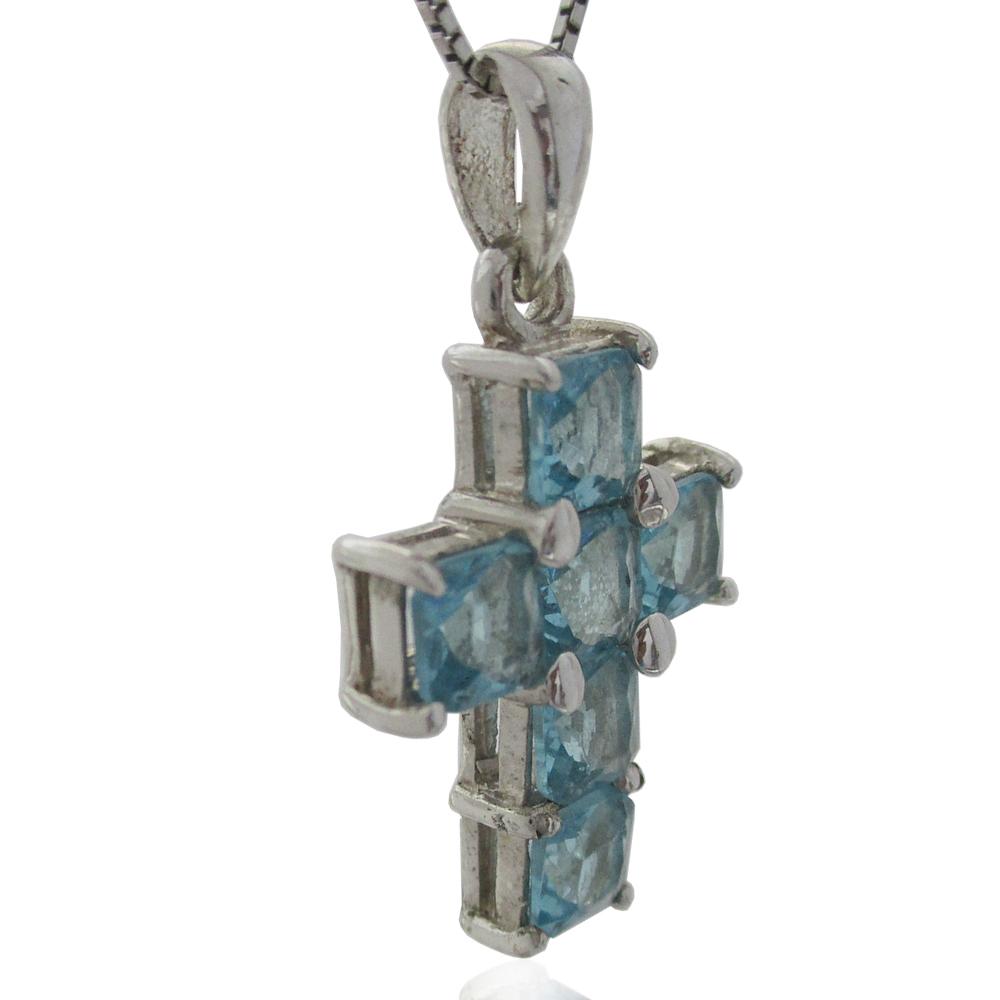 Collana con croce in argento 925 rodiato mm 25x17 con zirconi acquamarina