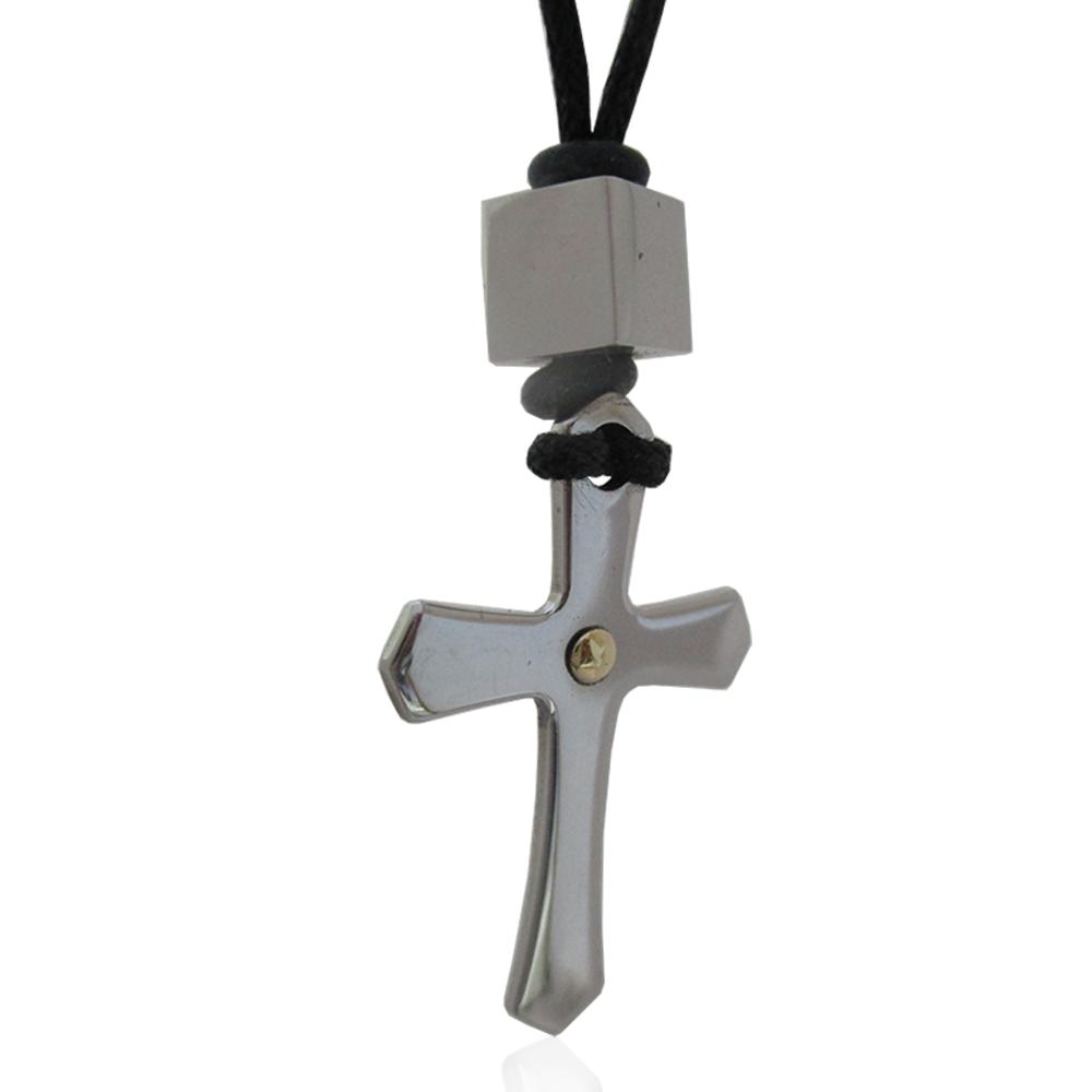 Collana con ciondolo croce mm 27 in acciaio lucido e oro con punte a spada