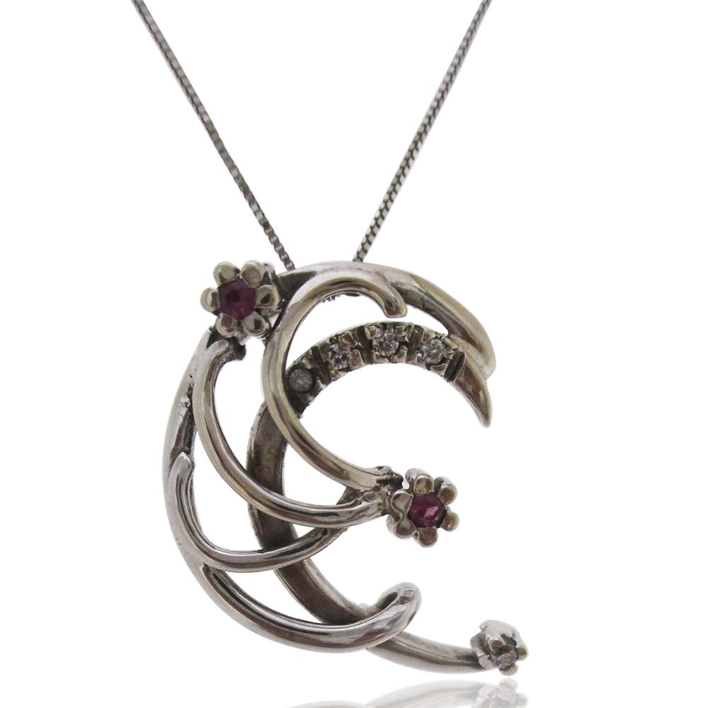Collana con ciondolo luna in oro bianco 18 carati con diamanti naturali e rubini