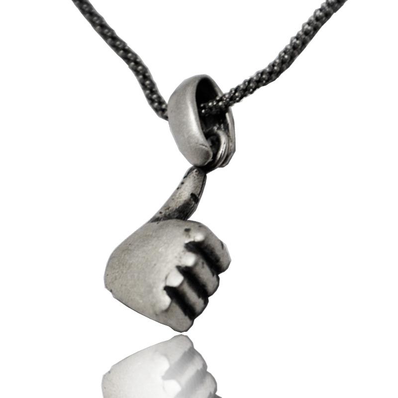 Collana popcorn cm 49 con ciondolo mano pollice su, like,  in argento 925 brunito satinato